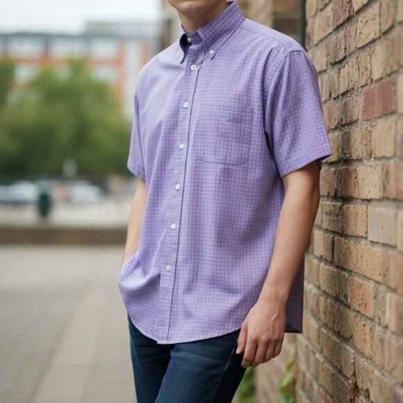 Brooks Brothers 346 Original Polo Shirt Short Sleeve Men M Slim fit Purple Check - Picture 1 of 12